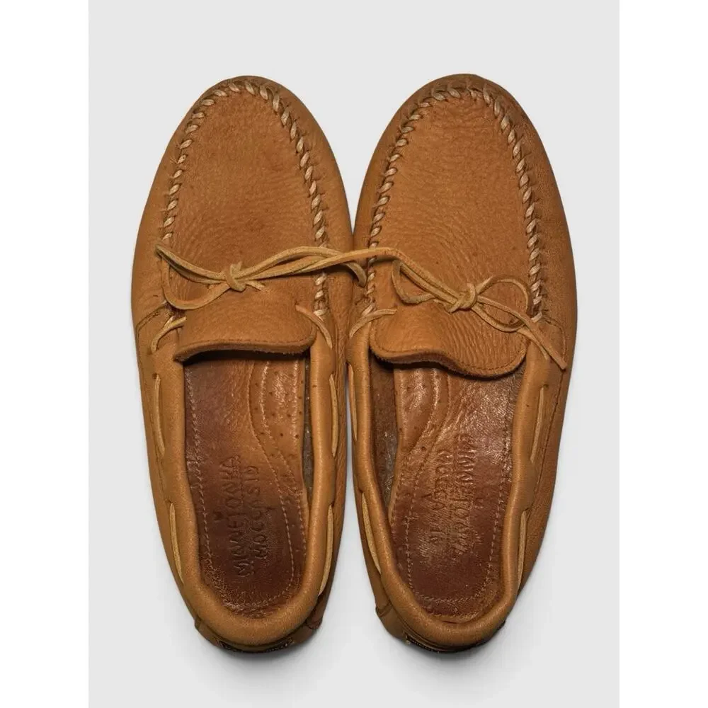Minnetonka Moosehide Leather Moccasin Driving Knob Nub Tan Oil Rubbed Mens 10